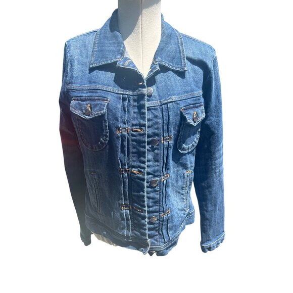 J. Crew Womens Lg Blue Cotton Denim Jacket Button Up Classic Trucker Medium Wash - Picture 1 of 9
